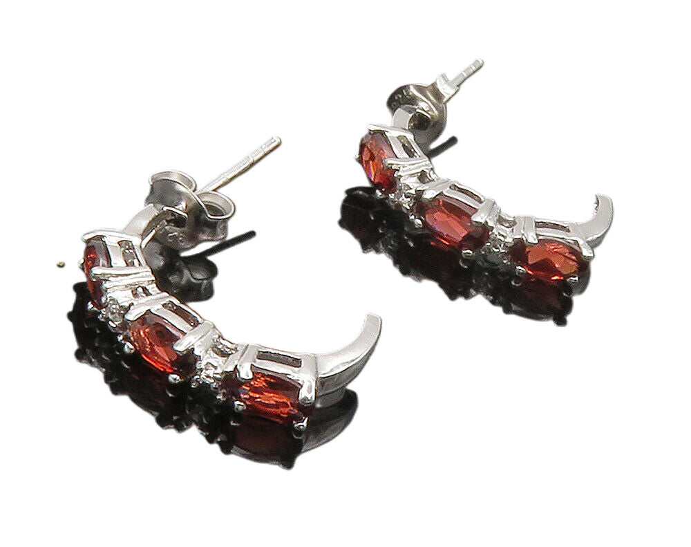 925 Sterling Silver  Red & White Topaz Shiny Curved Drop Earrings  EG7501