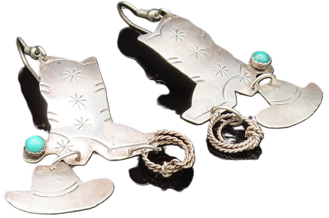 NAVAJO 925 Silver  Vintage Cowboy Boots Hat & Rope Turquoise Earrings  EG11833