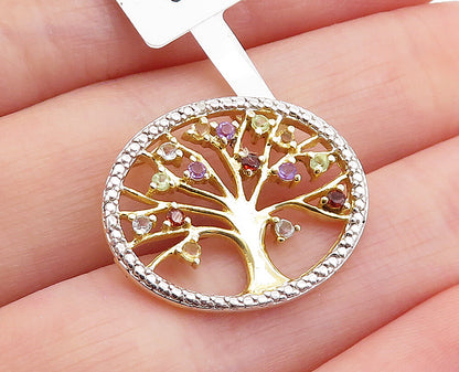 925 Silver Multi Color Topaz & Genuine Diamond Tree Of Life Pendant PT5091