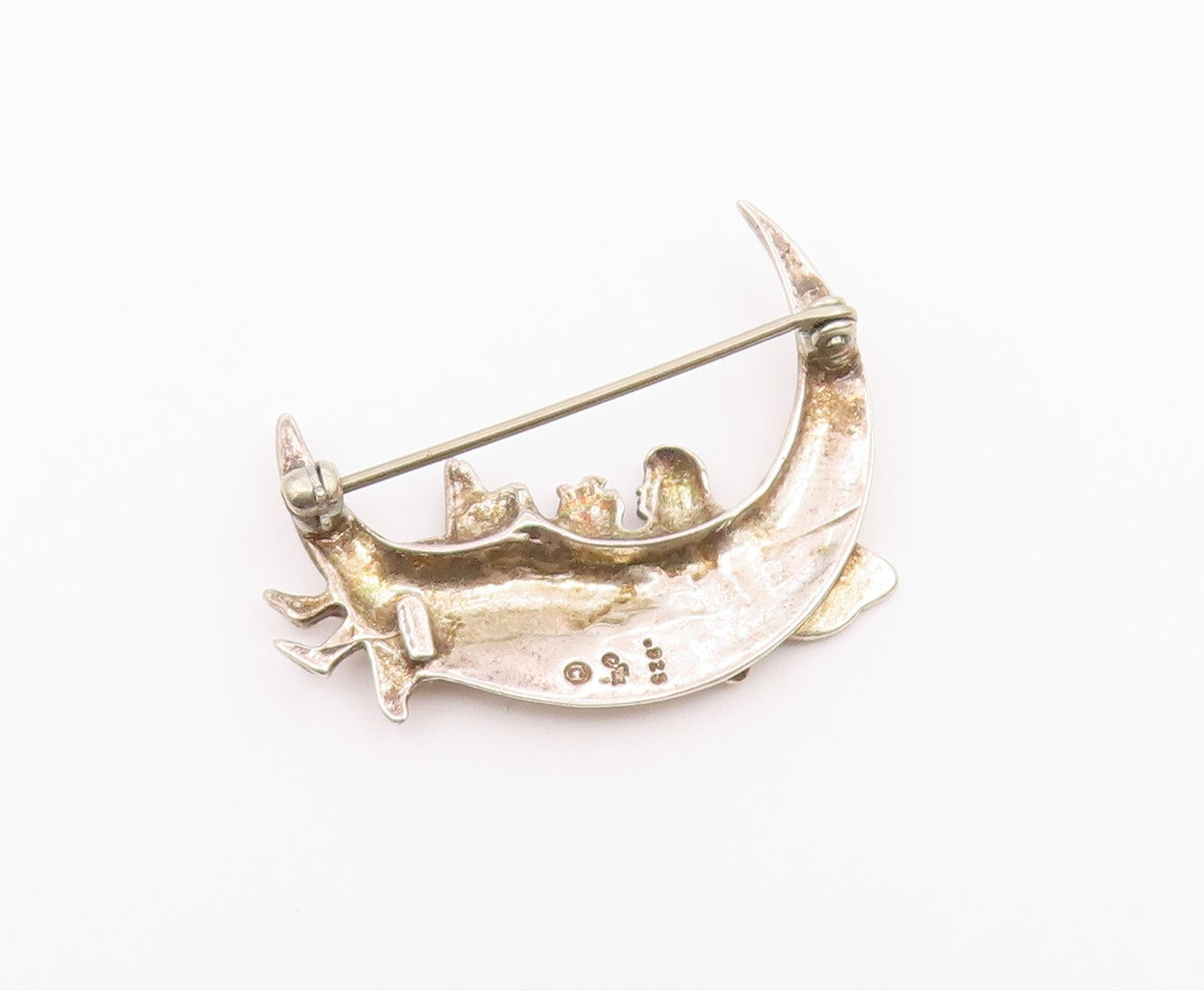 JEZ 925 Silver  Vintage Crescent Moon Fairy Lady Reading Brooch Pin  BP8207