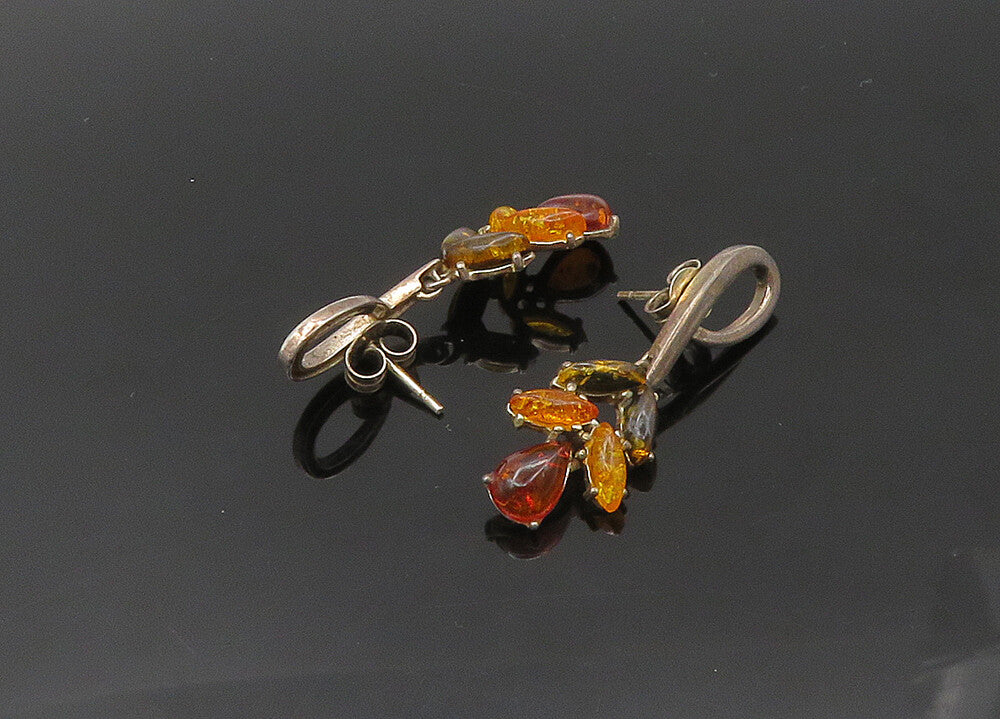 925 Sterling Silver  Vintage Amber Floral Motif Dangle Earrings  EG10718