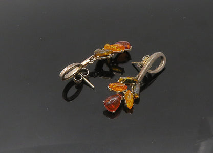 925 Sterling Silver  Vintage Amber Floral Motif Dangle Earrings  EG10718