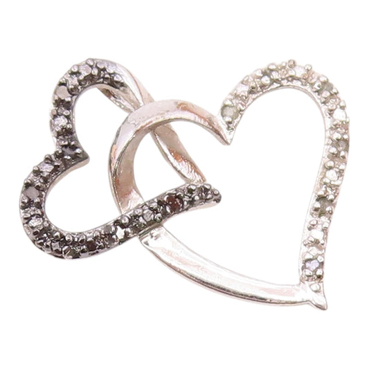 925 Silver Vintage Interlocking Love Hearts Genuine Diamonds Pendant PT20564