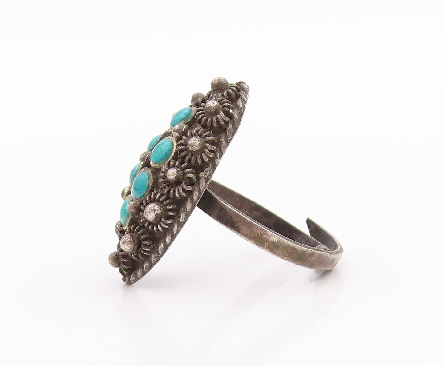925 Sterling Silver Vintage Ring Antique Turquoise Wired Flowers  Sz 6  RG33317