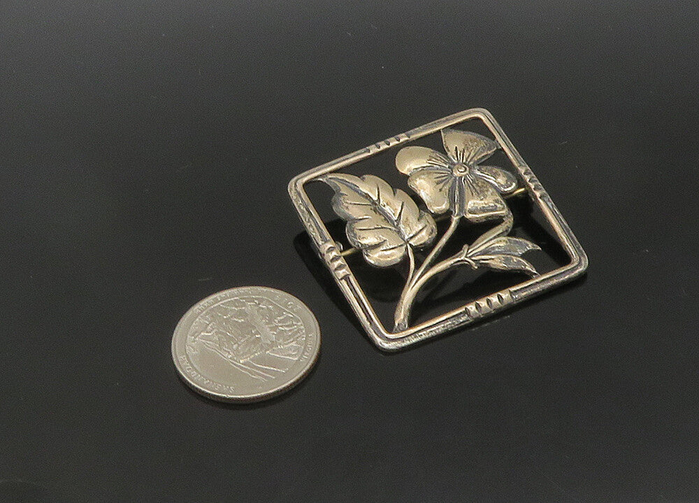 925 Sterling Silver  Vintage Dark Tone Flower Motif Square Brooch Pin  BP8293