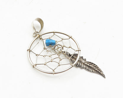 925 Sterling Silver  Vintage Petite Turquoise Dream Catcher Pendant  PT7431