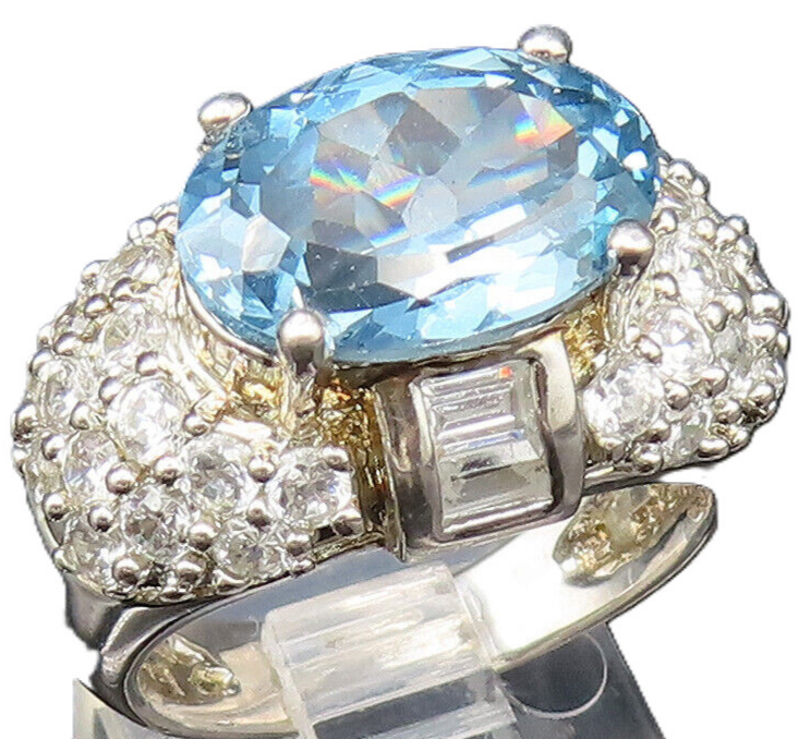 925 Sterling Silver  Vintage Sparkly Blue & White Topaz Ring Sz 7  RG25389