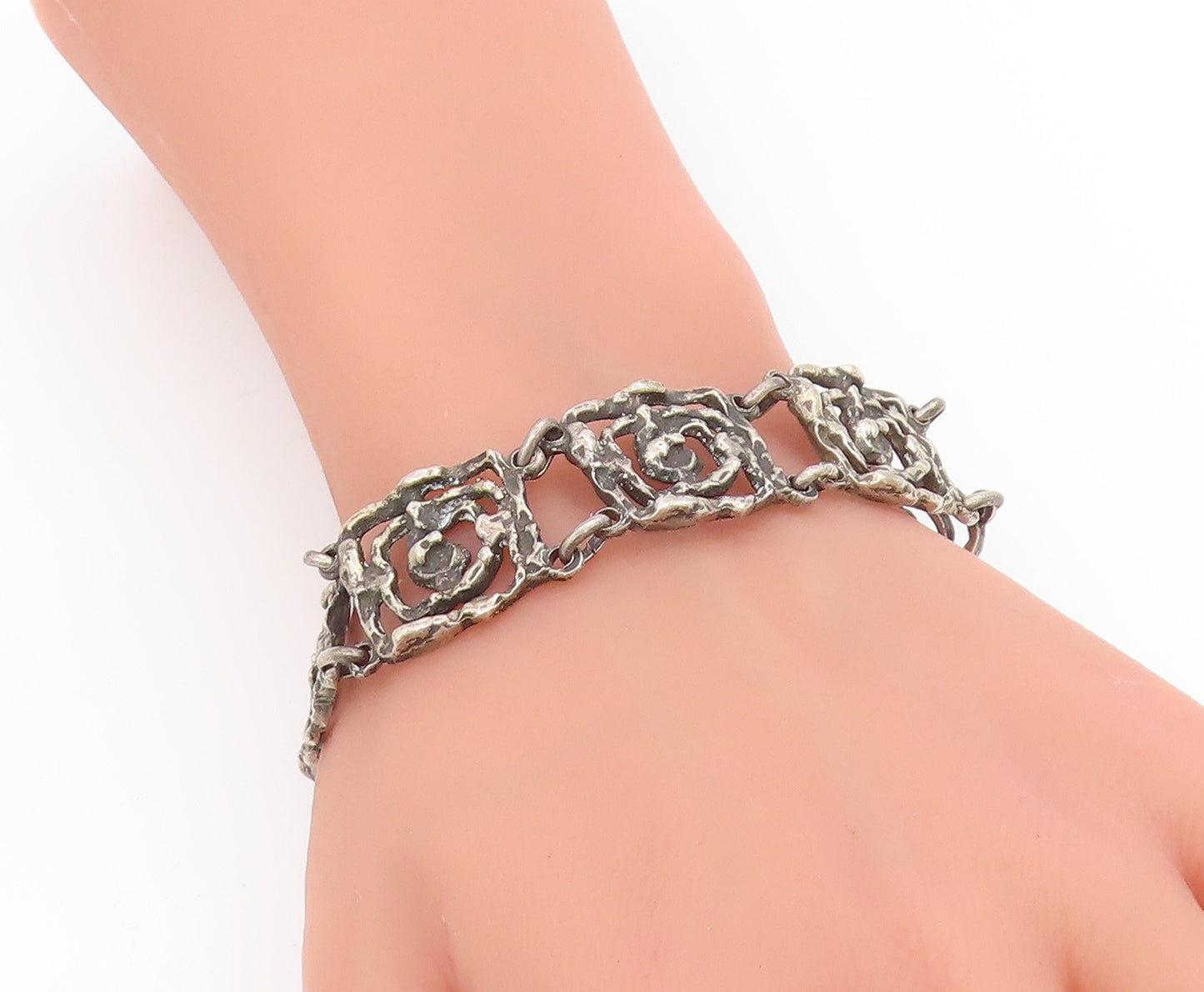 925 Sterling Silver Vintage Bracelet EUROPE Brutalist Design Panel Link  BT11737
