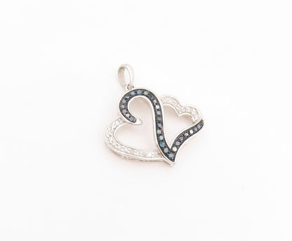 925 Sterling Silver Vintage Pendant Genuine Blue & White Diamonds Heart  PT25825