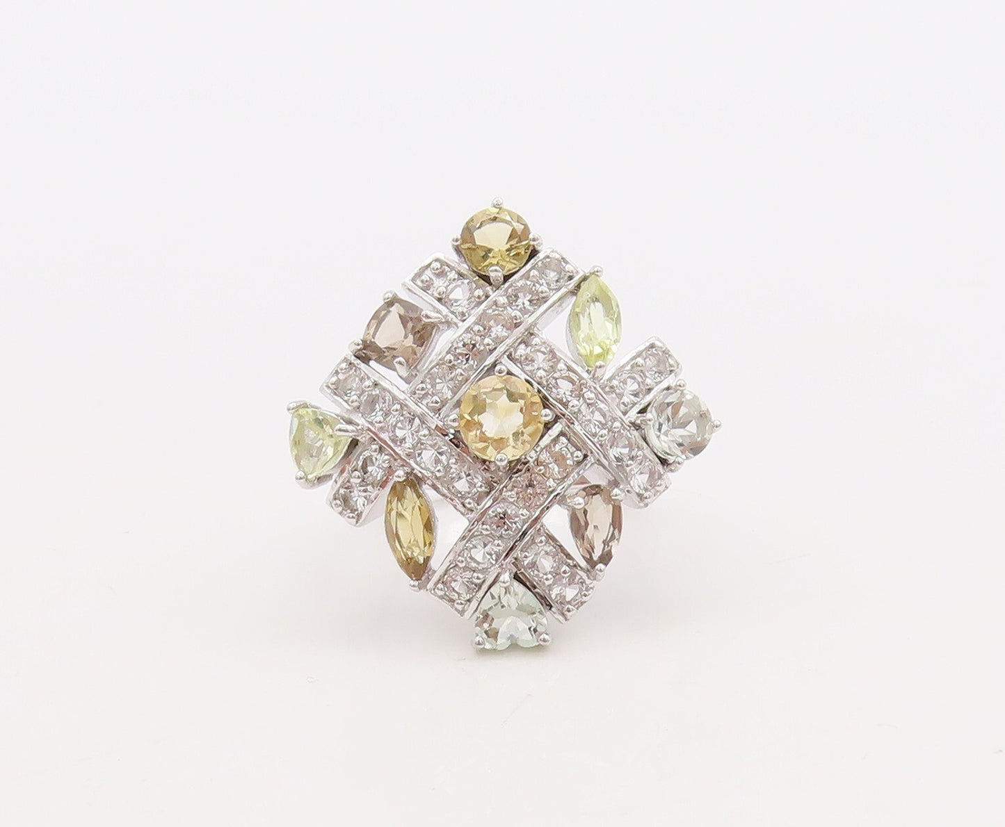 925 Sterling Silver Vintage Ring Checks Cutout Gemstones & CZ Inlay Sz 7 RG29833