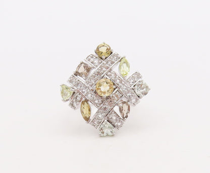 925 Sterling Silver Vintage Ring Checks Cutout Gemstones & CZ Inlay Sz 7 RG29833