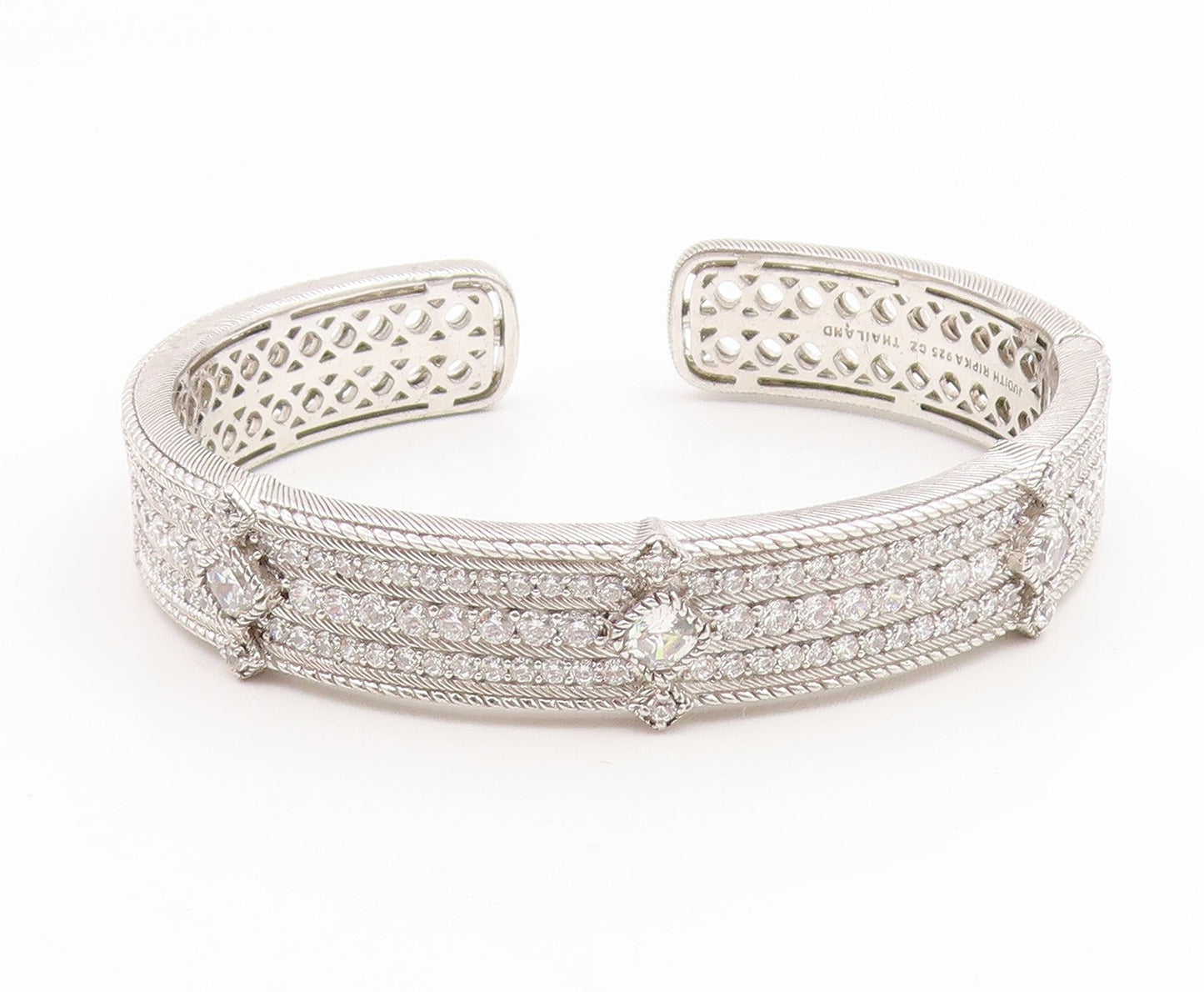 925 Sterling Silver Vintage Bracelet JUDITH RIPKA Elegant CZ Wide Cuff  BT11927