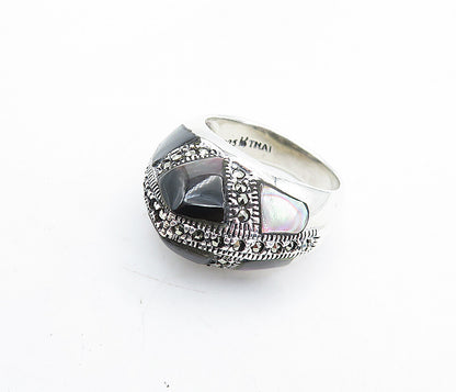 925 Sterling Silver  Abalone Shell & Marcasite Dome Cocktail Ring Sz 8  RG5827