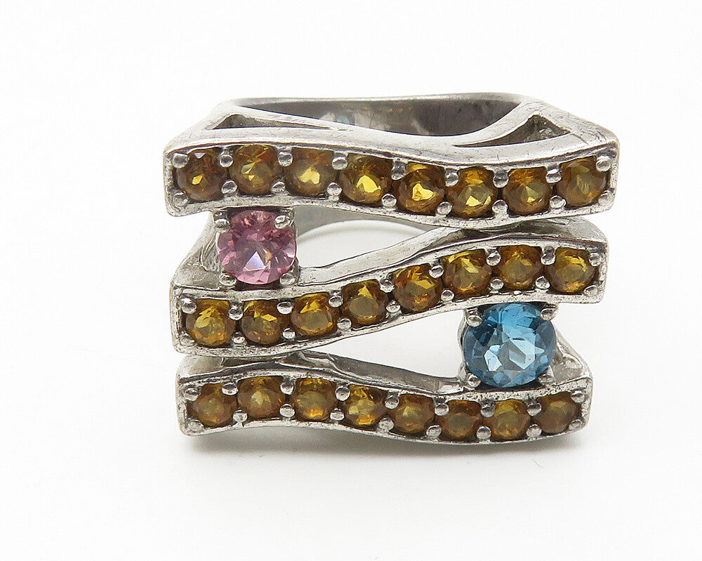 925 Sterling Silver  Vintage Citrine & Topaz Split Cocktail Ring Sz 5  RG11595