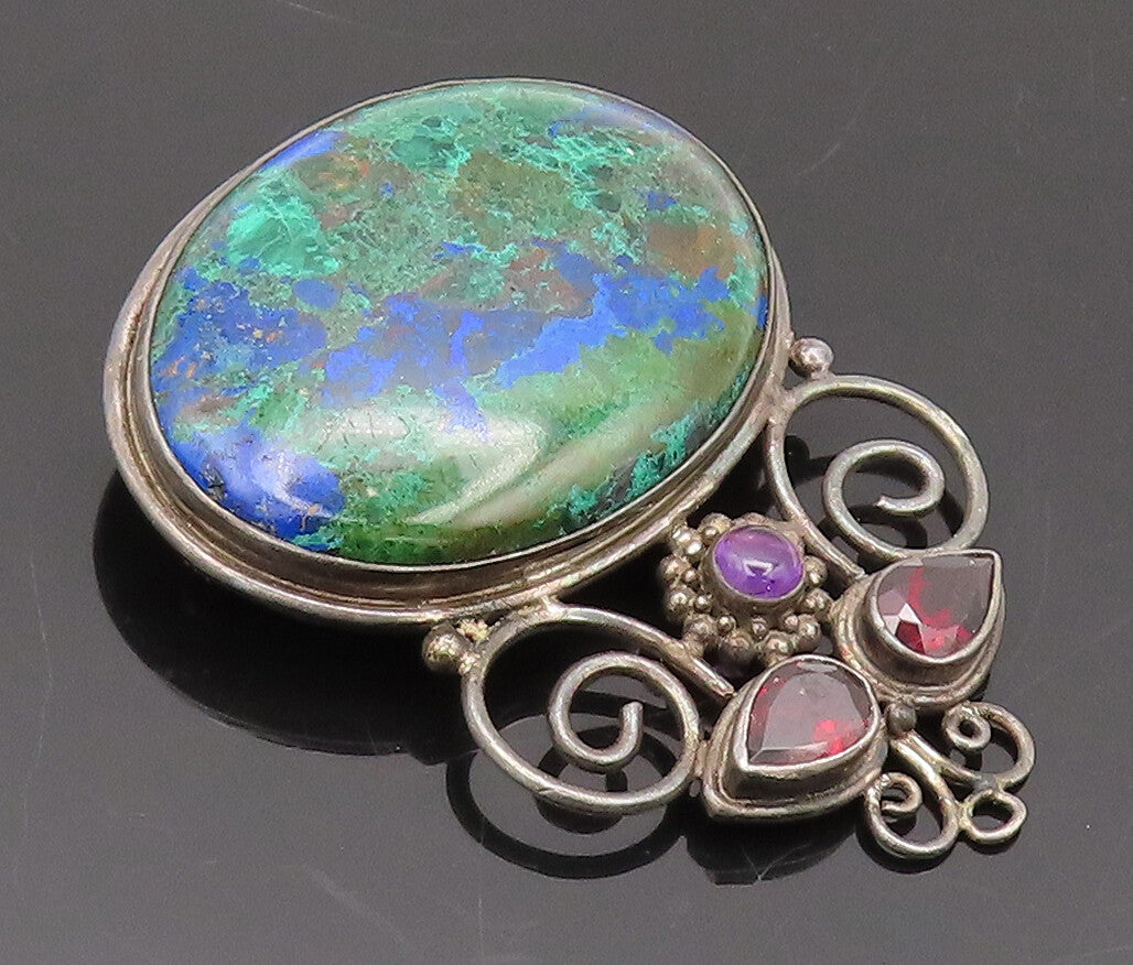 925 Sterling Silver Vintage Brooch Pin SAJEN Azurite Garnet & Amethyst  BP10619