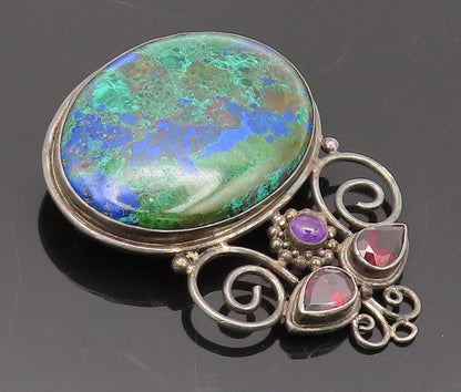 925 Sterling Silver Vintage Brooch Pin SAJEN Azurite Garnet & Amethyst  BP10619