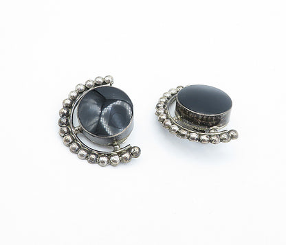 MEXICO 925 Sterling Silver Vintage Black Onyx Non Pierce Earrings EG2173