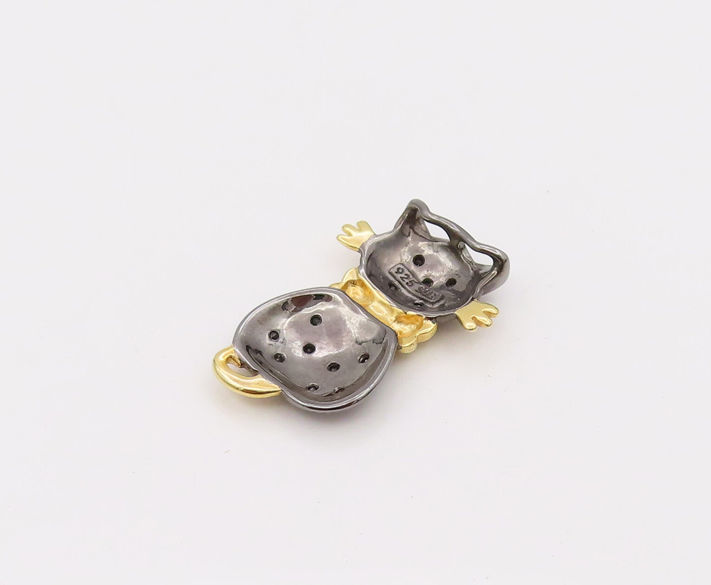 925 Sterling Silver  Vintage Black Diamond Two Tone Kitten Pendant  PT22195