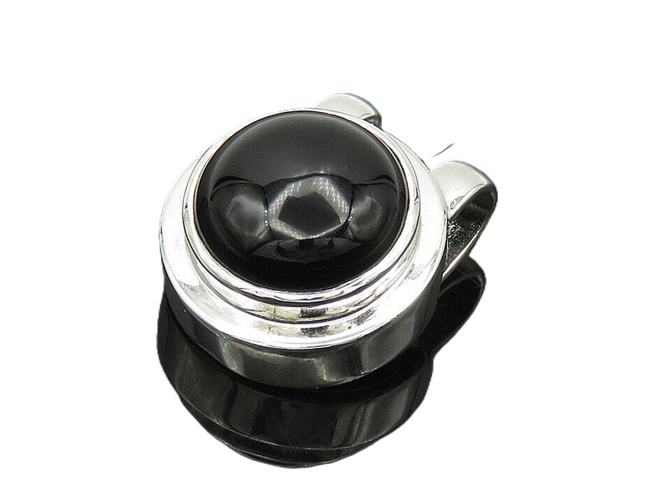 925 Sterling Silver  Cabochon Cut Black Onyx Shiny Slide Pendant  PT14368