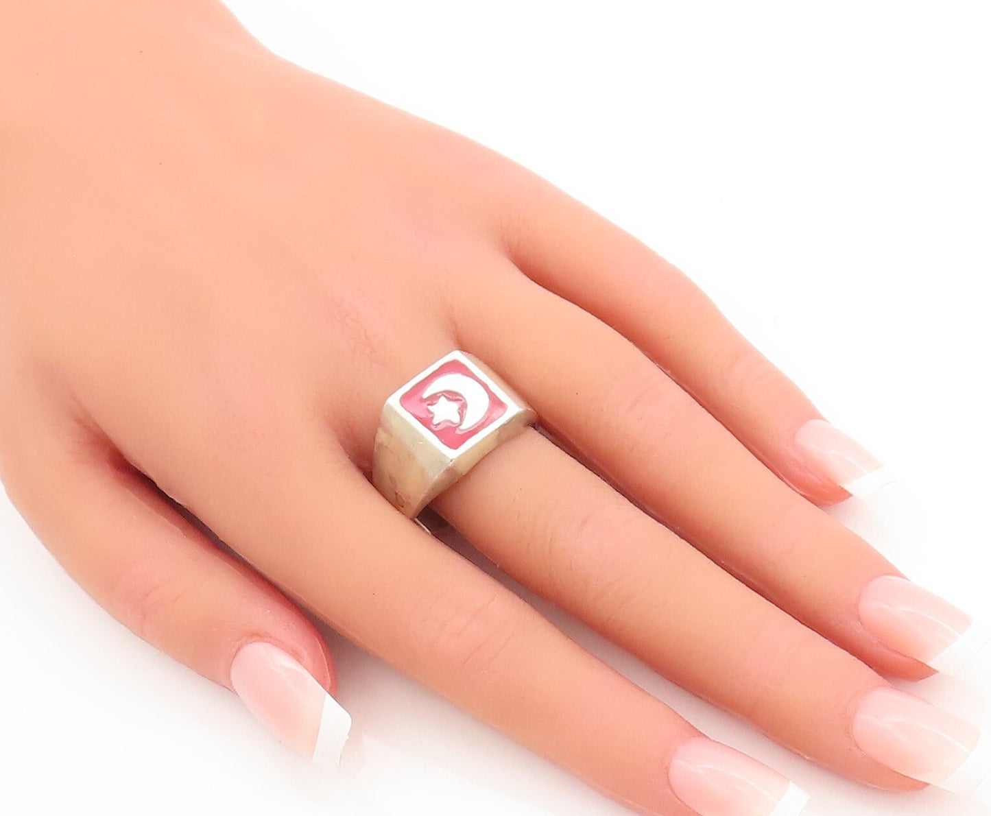 925 Sterling Silver Vintage Ring MEXICO Red Enameled Moon & Star  Sz 13  RG28997