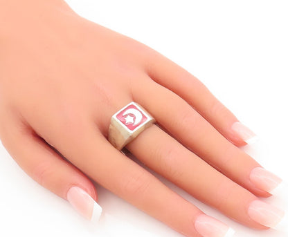 925 Sterling Silver Vintage Ring MEXICO Red Enameled Moon & Star  Sz 13  RG28997