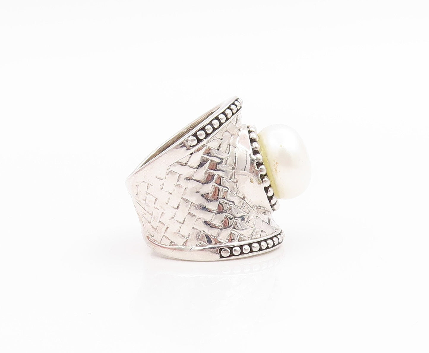 925 Sterling Silver Vintage Ring Round Pearl Wide Textured Band  Sz 7  RG35764