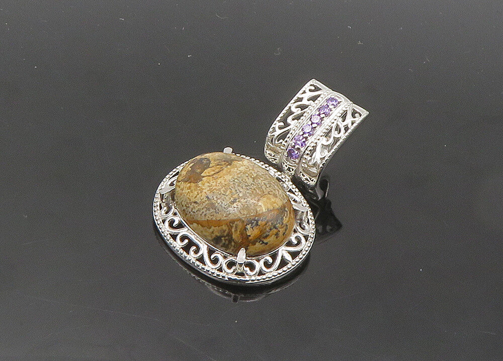 925 Sterling Silver  Vintage Cabochon Cut Jasper & Amethyst Pendant  PT15644