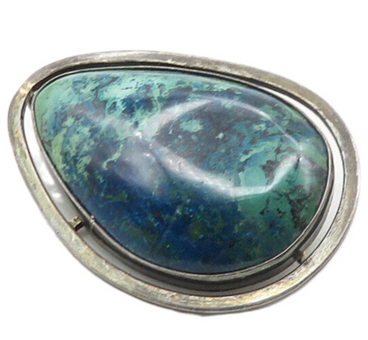 ISRAEL 925 Sterling Silver  Vintage Chrysocolla Dark Tone Brooch Pin  BP4090