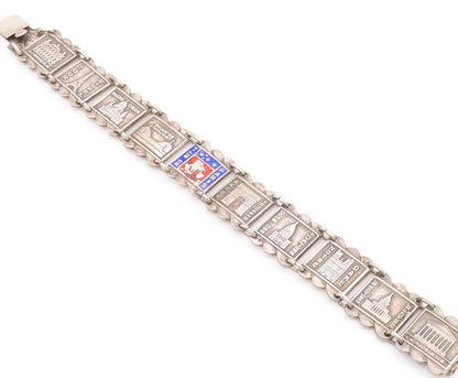 925 Sterling Silver Vintage Bracelet Dark Tone Carved France Monuments  BT11026