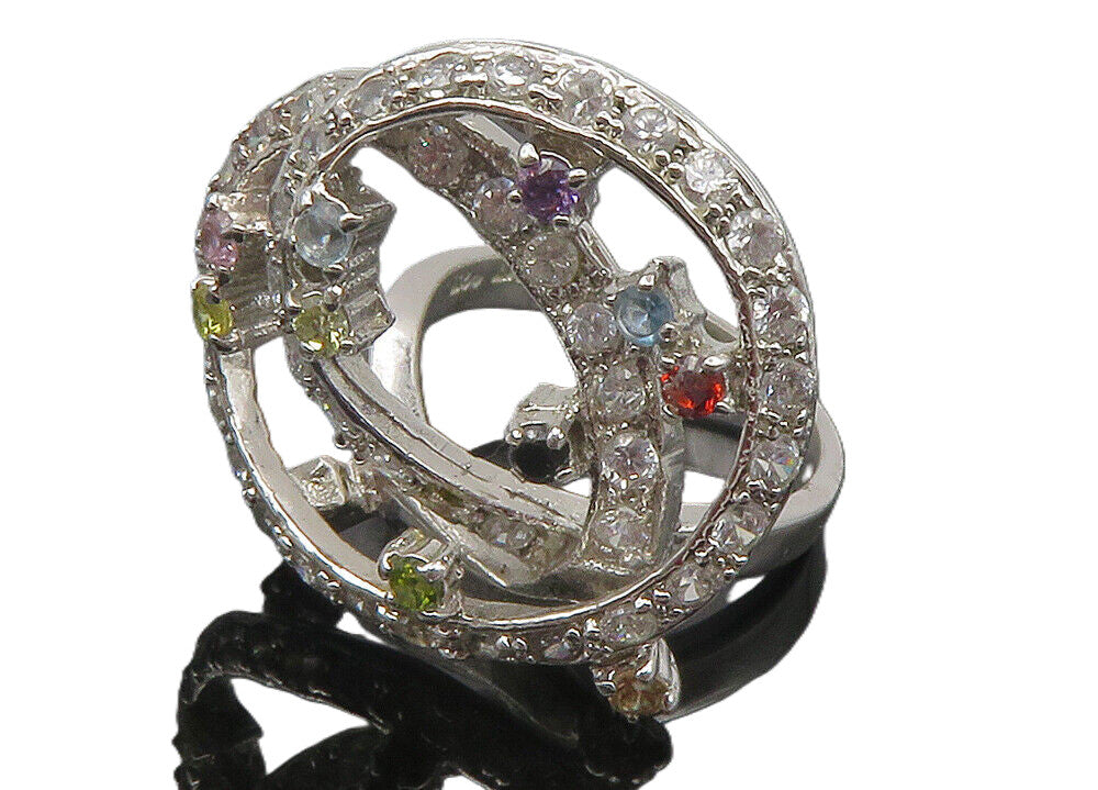 925 Sterling Silver Shiny Multi Color Topaz Swirl Cocktail Ring Sz 8 RG12112