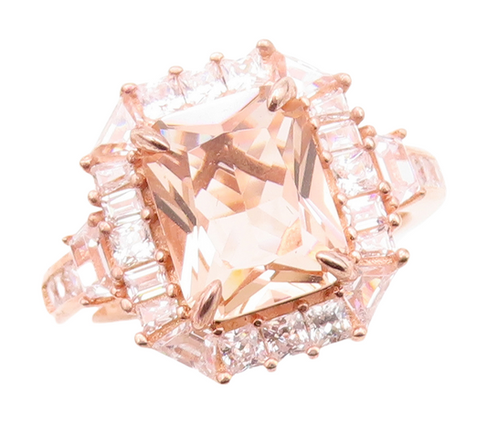 925 Sterling Silver Vintage Ring Rose Gold Plated Morganite & CZ  Sz 7  RG30481