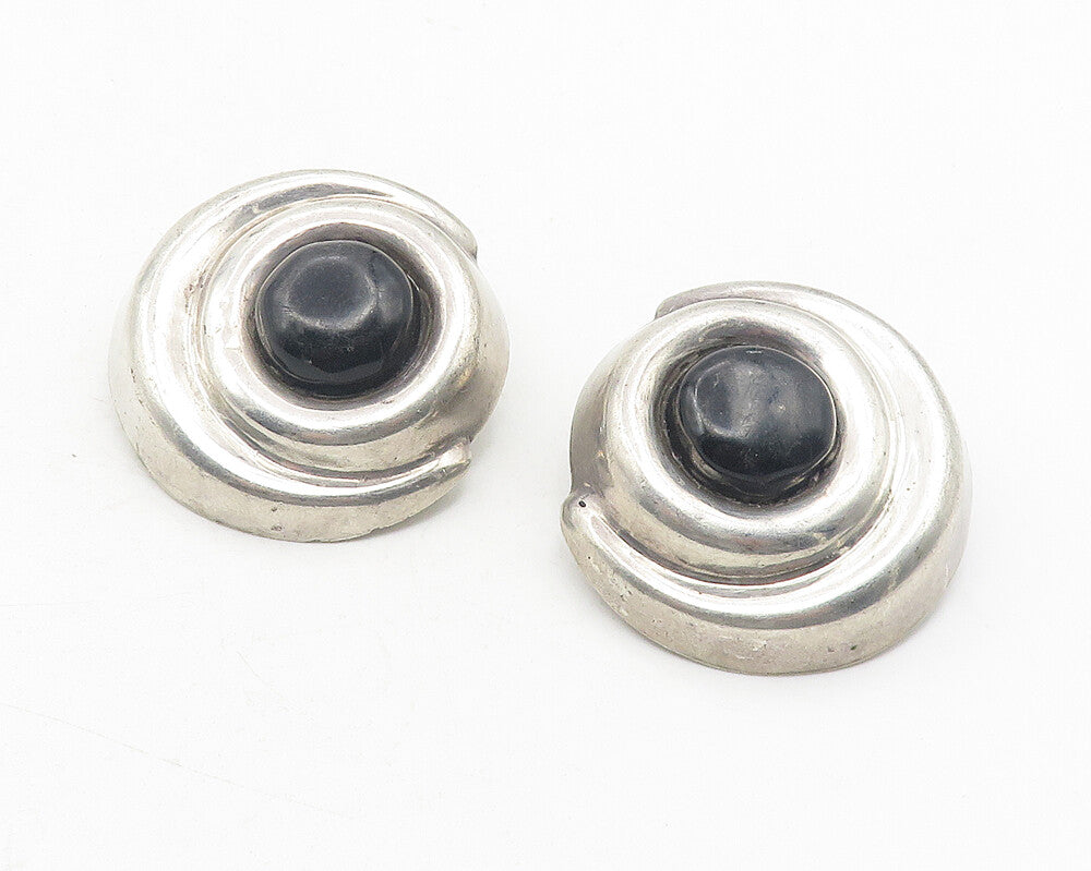 MEXICO 925 Silver  Vintage Black Onyx Round Swirl Non Pierce Earrings  EG6052
