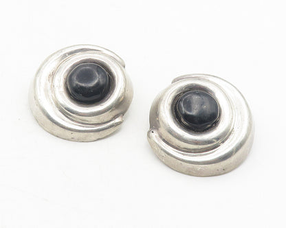 MEXICO 925 Silver  Vintage Black Onyx Round Swirl Non Pierce Earrings  EG6052
