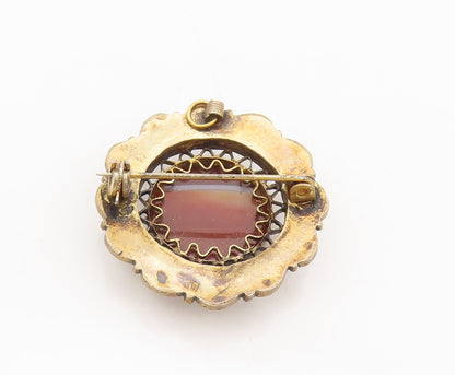 925 Silver  Vintage Brown Agate Halo Golden Filigree Work Brooch Pin  BP10325