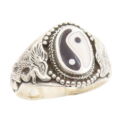 925 Sterling Silver Vintage Ring Enameled Yin Yang Dragon Band  Sz 14  RG34009