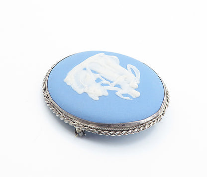 925 Sterling Silver  Vintage Carved Angel Scene Blue Cameo Brooch Pin  BP2914