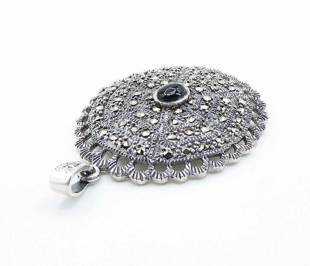 925 Sterling Silver  Black Onyx & Marcasite Sparkling Oval Pendant  PT6117