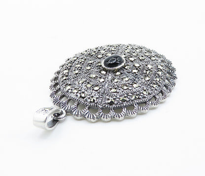 925 Sterling Silver  Black Onyx & Marcasite Sparkling Oval Pendant  PT6117