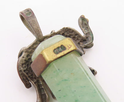 925 Sterling Silver  Vintage Jade Wand Red Topaz Elephant Eye Pendant  PT16541