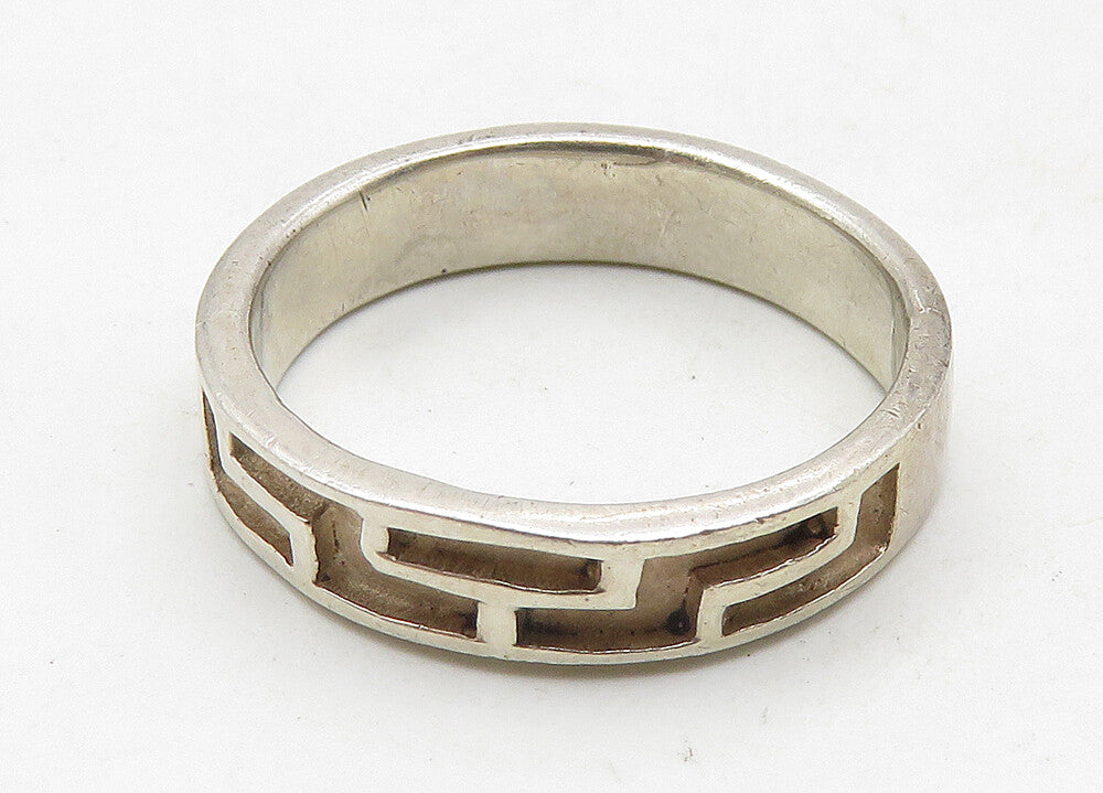 925 Sterling Silver  Vintage Shiny Greek Key Pattern Band Ring Sz 7.5  RG10505