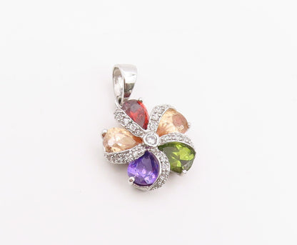 925 Sterling Silver Vintage Pendant Multi Gemstone Elegant Floral Charm  PT25969