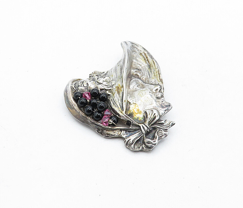 925 Sterling Silver  Vintage Topaz & Black Onyx Beads Woman Brooch Pin  BP2003
