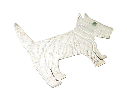 925 Sterling Silver  Vintage Green Topaz Eye Dog Motif Brooch Pin  BP4782