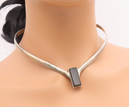925 Sterling Silver Vintage Necklace MEXICO Modernist Black Onyx Choker  NE4809