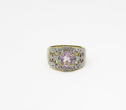 Gold Over 925 Silver  Amethyst & Genuine Diamonds Band Ring Sz 7  RG3205