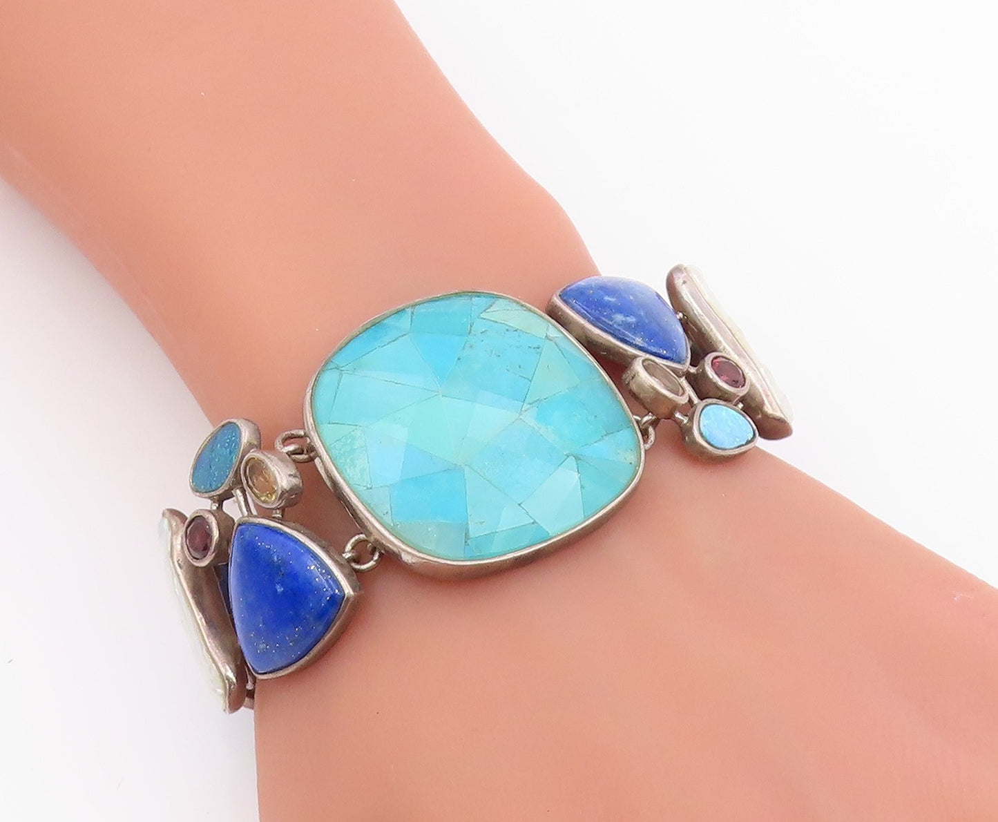 925 Sterling Silver Vintage Bracelet WHITNEY KELLY Multi Gemstone Link  BT11985