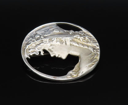 925 Sterling Silver Vintage Open Circle Lady With Floral Hat Brooch Pin BP9757
