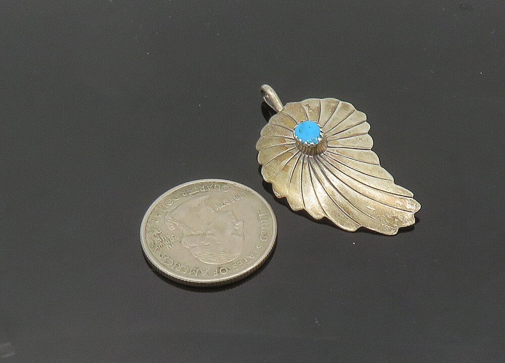 NAVAJO 925 Sterling Silver  Vintage Turquoise Floral Leaf Pendant  PT16286