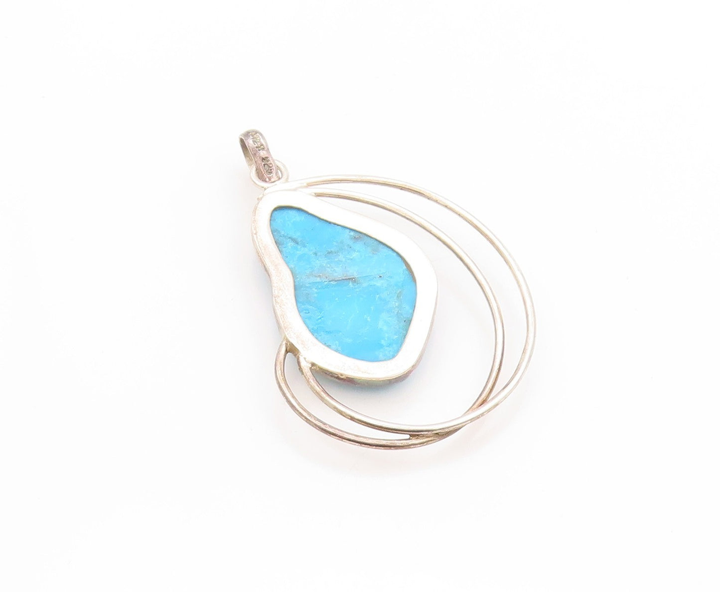 925 Sterling Silver Vintage Pendant Modernist Turquoise Wired Design  PT24208