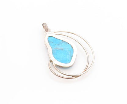 925 Sterling Silver Vintage Pendant Modernist Turquoise Wired Design  PT24208